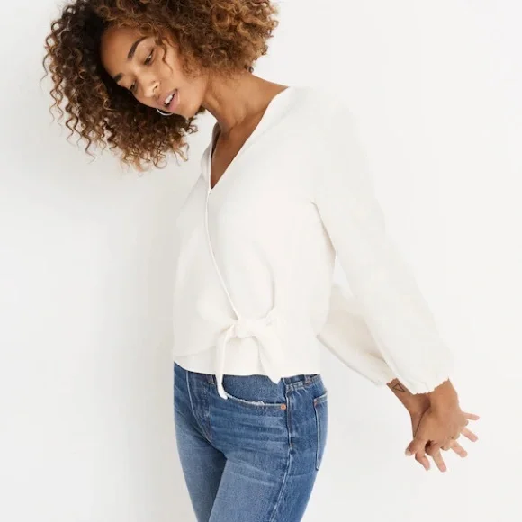 New Madewell Texture & Thread Crepe Wrap Top Cream Ivory Off-White Size S - Picture 3 of 9